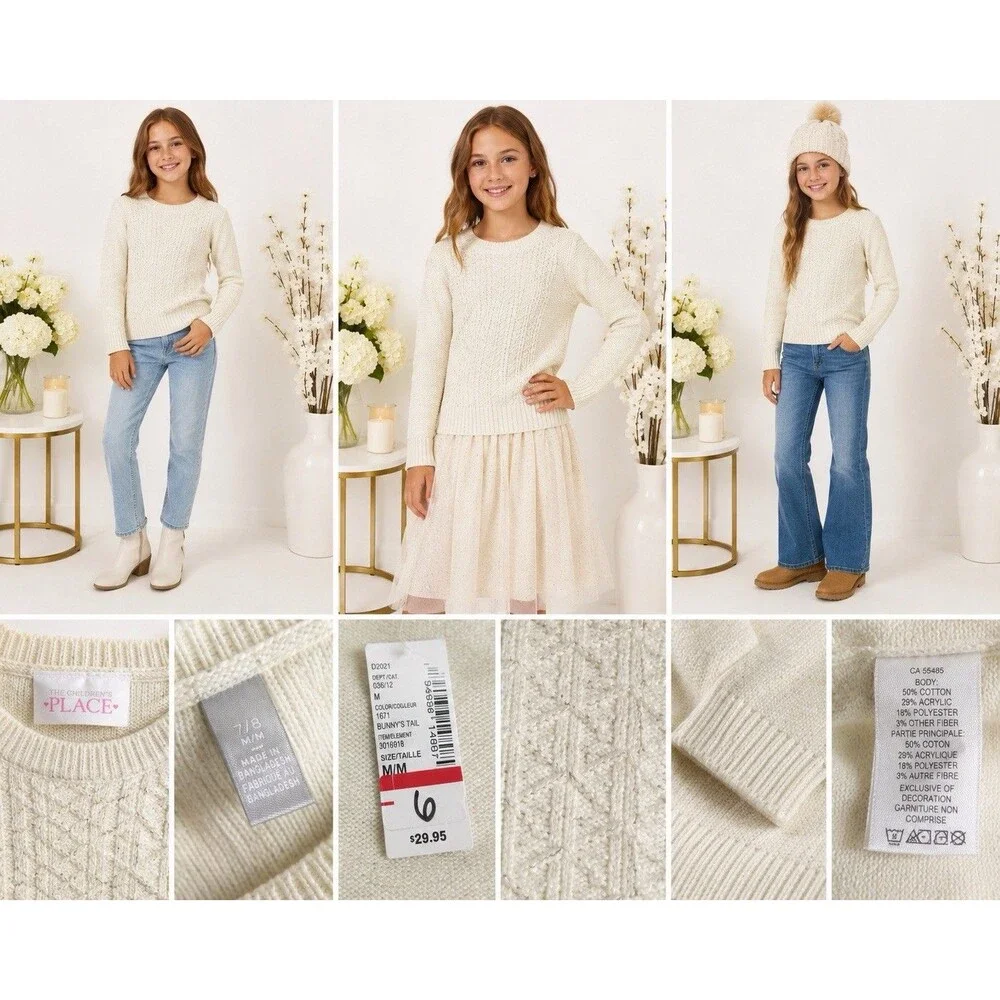 The Children's Place Girls Pink Knit Sweater M 7/8 Metallic Crew Neck Long Slv